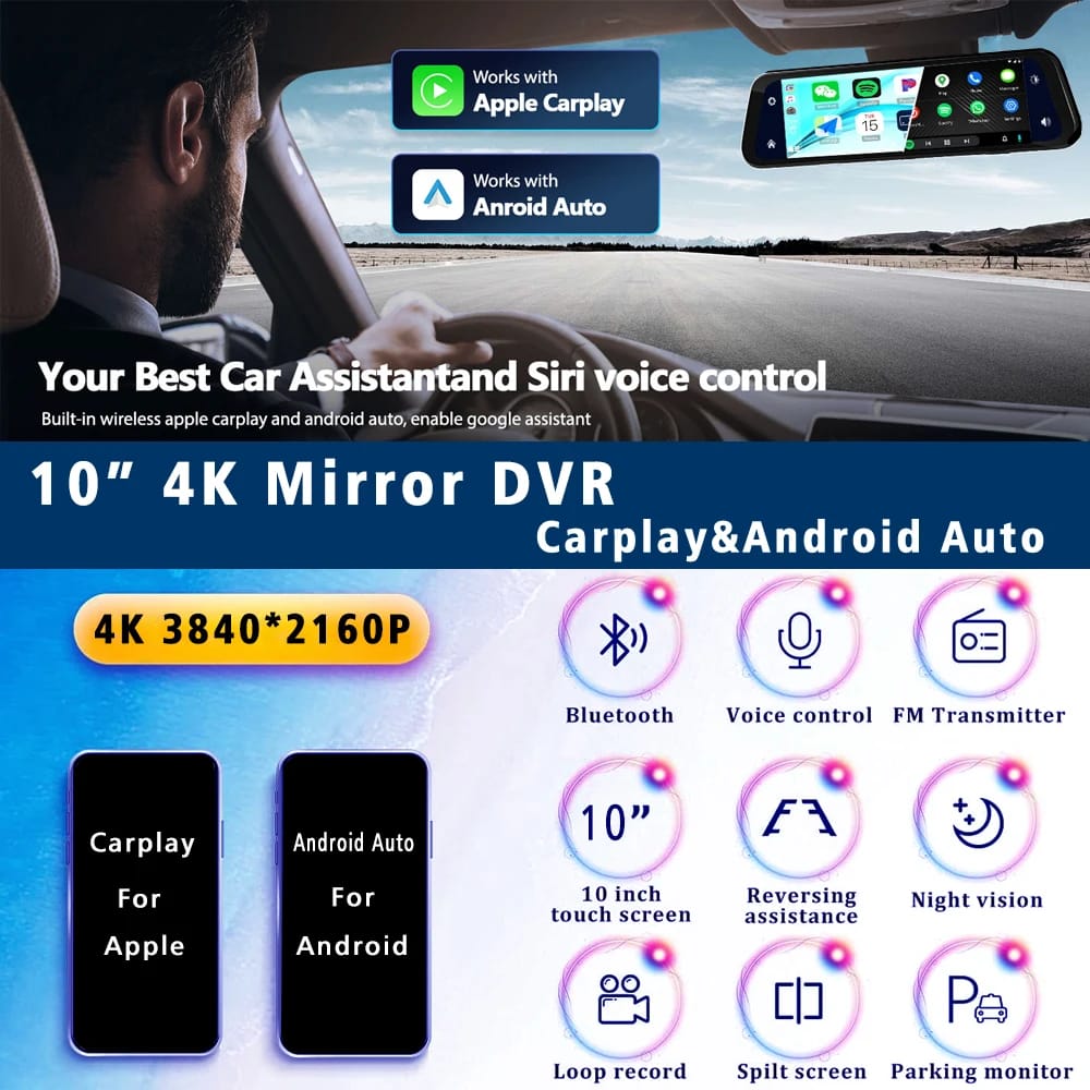 10″ Dash Cam 4K 3840*2160P Car Dvr Carplay Android Auto GPS 5G WIFI AUX Stream RearView Mirror Dashcam Camera Drive Recorder FM 10