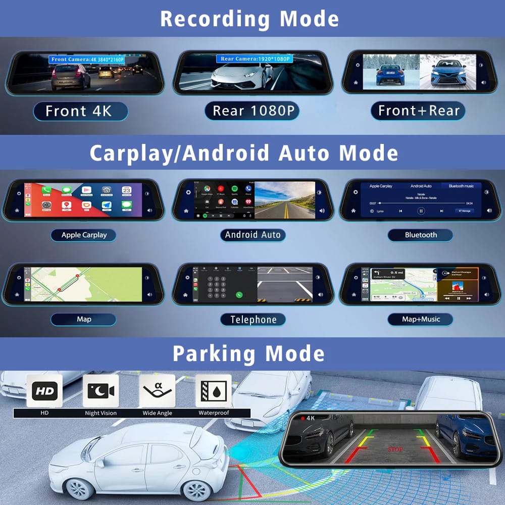 10″ Dash Cam 4K 3840*2160P Car Dvr Carplay Android Auto GPS 5G WIFI AUX Stream RearView Mirror Dashcam Camera Drive Recorder FM 10