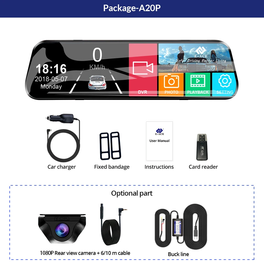 E-ACE 10 Inch Mirror Camera For Car DVR Video Recorder Touch Screen 1080P Front and Rear AHD Lens Dashcam Streaming Black Box E-ACE 10 Inch Mirror Camera For Car DVR Video Recorder Touch Screen 1080P Front and Rear AHD Lens Dashcam Streaming Black Box