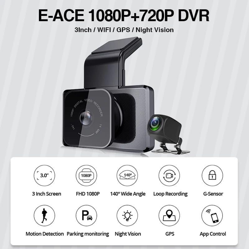 E-ACE Dvr Dash Cam Full HD 1080P 3.0’’ Driving Camera Built In GPS WiFi Rear View Cameras Car Recorders Parking Sensors For Auto E-ACE Dvr Dash Cam Full HD 1080P 3.0’’ Driving Camera Built In GPS WiFi Rear View Cameras Car Recorders Parking Sensors For Auto