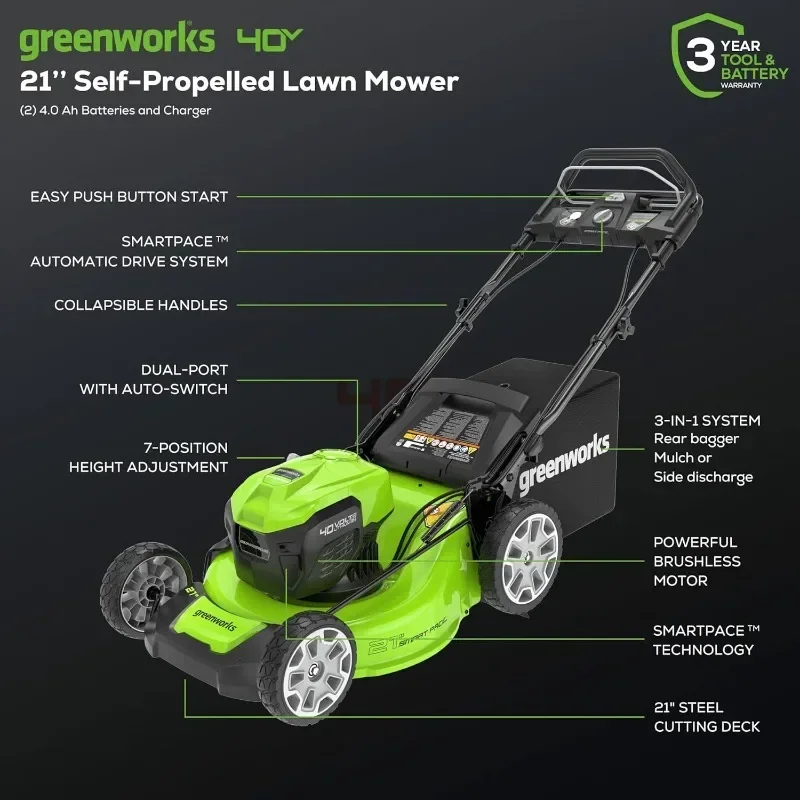Greenworks 40V 21″ Brushless Cordless (Smart Pace / Self-Propelled) Lawn Mower (75+ Compatible Tools) Greenworks 40V 21