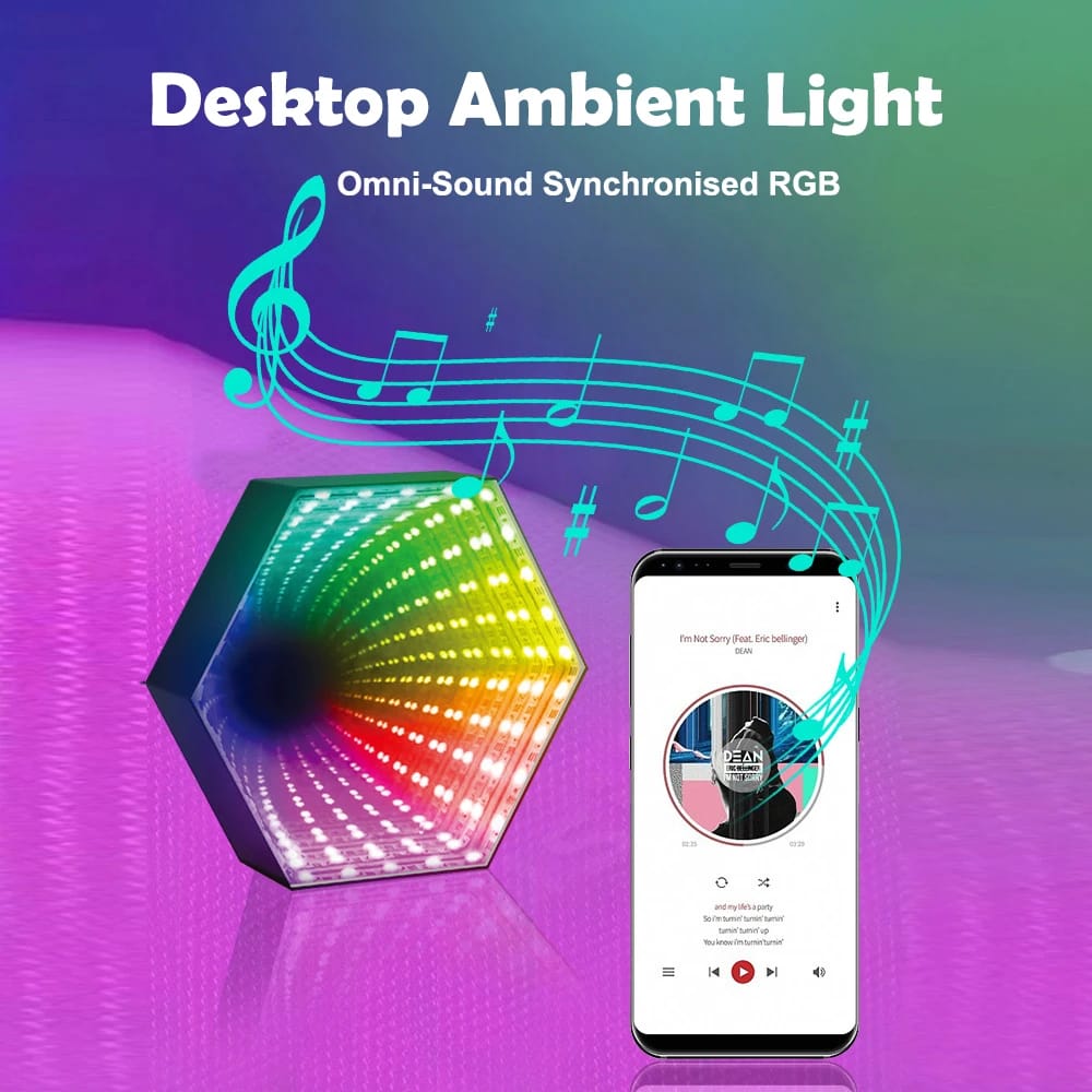 RGB 3D Hexagonal Mirror Tunnel Light LED Desktop Ambient Lamp Compute Game Music Rhythm Sync Pickup Lights Room Decoration RGB 3D Hexagonal Mirror Tunnel Light LED Desktop Ambient Lamp Compute Game Music Rhythm Sync Pickup Lights Room Decoration
