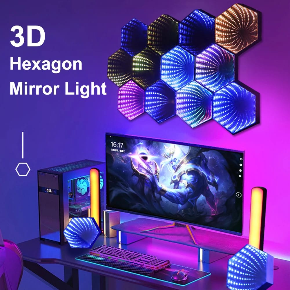 RGB 3D Hexagonal Mirror Tunnel Light LED Desktop Ambient Lamp Compute Game Music Rhythm Sync Pickup Lights Room Decoration RGB 3D Hexagonal Mirror Tunnel Light LED Desktop Ambient Lamp Compute Game Music Rhythm Sync Pickup Lights Room Decoration