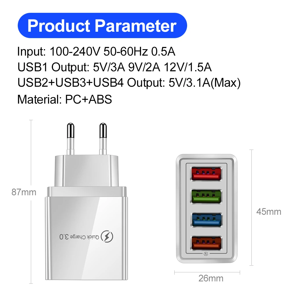 EU/US Plug USB Charger Quick Charge 3.0 For Phone Adapter for iPhone 15 Pro Max Tablet Portable Wall Mobile Charger Fast Charger EU/US Plug USB Charger Quick Charge 3.0 For Phone Adapter for iPhone 15 Pro Max Tablet Portable Wall Mobile Charger Fast Charger
