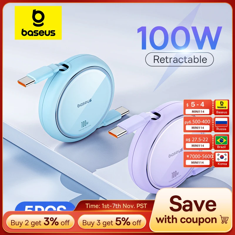 Baseus 2/5PCS Retractable USB C to USB C PD Cable for iPhone 16 15 Pro Max PD Fast Charging Data Cord Type C Charger Cable Wire Baseus 2/5PCS Retractable USB C to USB C PD Cable for iPhone 16 15 Pro Max PD Fast Charging Data Cord Type C Charger Cable Wire