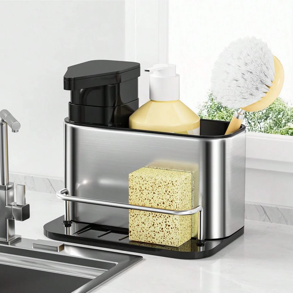 3-in-1 Kitchen Stainless Steel Tableware Soap Dispenser, Sponge Holder, Sink Organizer Drain Rack, Suitable for Kitchen Sinks 3-in-1 Kitchen Stainless Steel Tableware Soap Dispenser, Sponge Holder, Sink Organizer Drain Rack, Suitable for Kitchen Sinks
