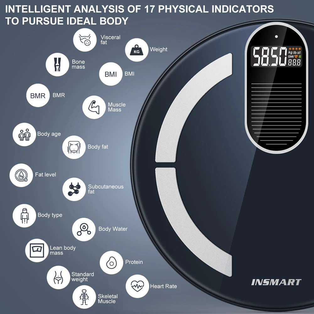 INSMART Body Digital Weight Scale Solar & Light Energy Charging Smart Scale Balance Bioimpedance Body Fat Bathroom Scales BMI INSMART Body Digital Weight Scale Solar & Light Energy Charging Smart Scale Balance Bioimpedance Body Fat Bathroom Scales BMI