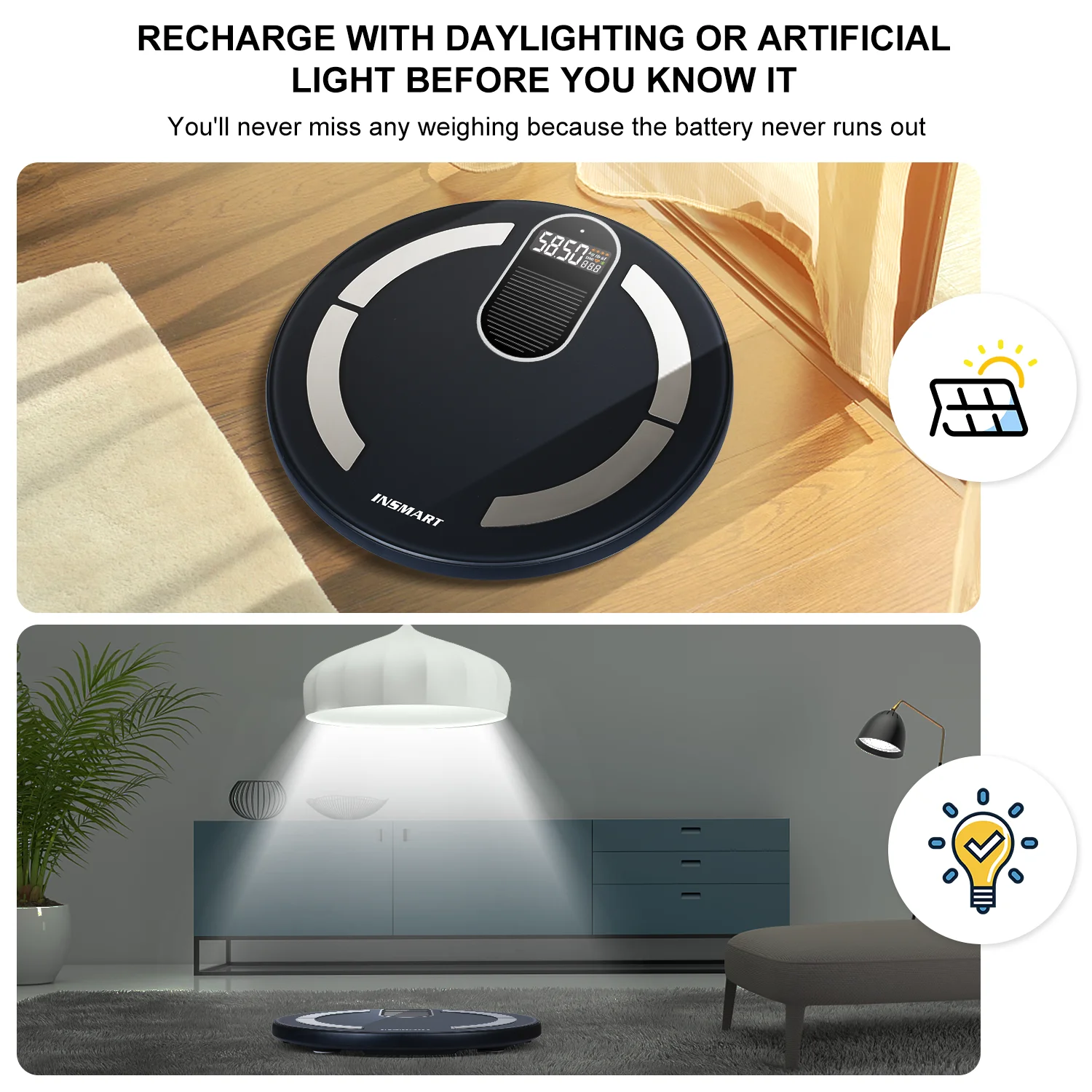 INSMART Body Digital Weight Scale Solar & Light Energy Charging Smart Scale Balance Bioimpedance Body Fat Bathroom Scales BMI INSMART Body Digital Weight Scale Solar & Light Energy Charging Smart Scale Balance Bioimpedance Body Fat Bathroom Scales BMI