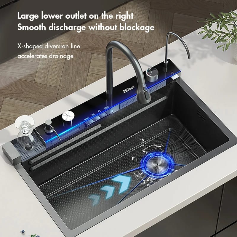 304 Stainless Steel Waterfall Kitchen Sink Large Single Slot Integrated Digital Display Faucet Set Soap Dispenser Cup Washer 304 Stainless Steel Waterfall Kitchen Sink Large Single Slot Integrated Digital Display Faucet Set Soap Dispenser Cup Washer