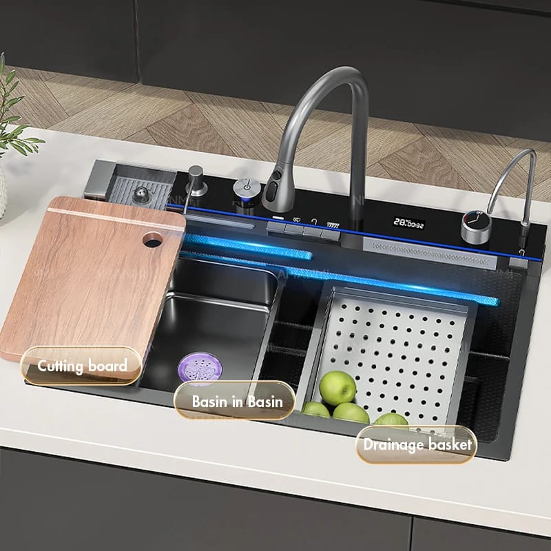 304 Stainless Steel Waterfall Kitchen Sink Large Single Slot Integrated Digital Display Faucet Set Soap Dispenser Cup Washer 304 Stainless Steel Waterfall Kitchen Sink Large Single Slot Integrated Digital Display Faucet Set Soap Dispenser Cup Washer