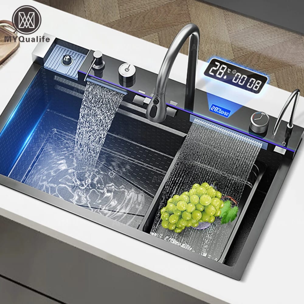 304 Stainless Steel Waterfall Kitchen Sink Large Single Slot Integrated Digital Display Faucet Set Soap Dispenser Cup Washer 304 Stainless Steel Waterfall Kitchen Sink Large Single Slot Integrated Digital Display Faucet Set Soap Dispenser Cup Washer