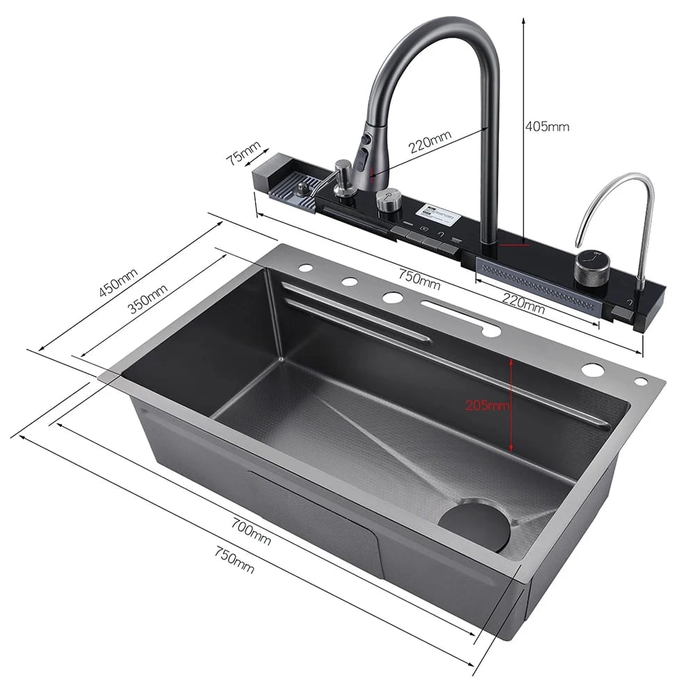 304 Stainless Steel Waterfall Kitchen Sink Large Single Slot Integrated Digital Display Faucet Set Soap Dispenser Cup Washer 304 Stainless Steel Waterfall Kitchen Sink Large Single Slot Integrated Digital Display Faucet Set Soap Dispenser Cup Washer