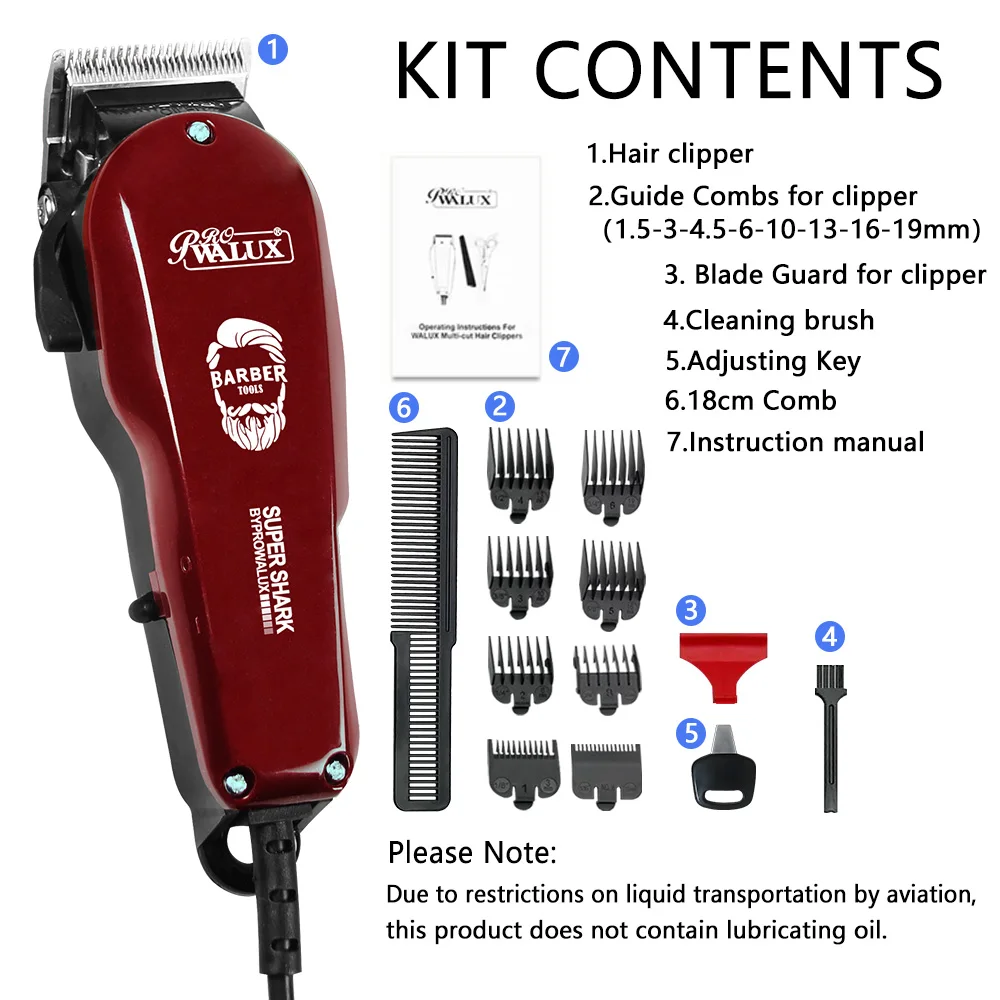 WALUX Professional AC220-240V Hair Clipper 10W Powerful Hair Trimmer Home Man Shaver 2M Cable Hair Cutting Machine 8 Guard Combs WALUX Professional AC220-240V Hair Clipper 10W Powerful Hair Trimmer Home Man Shaver 2M Cable Hair Cutting Machine 8 Guard Combs